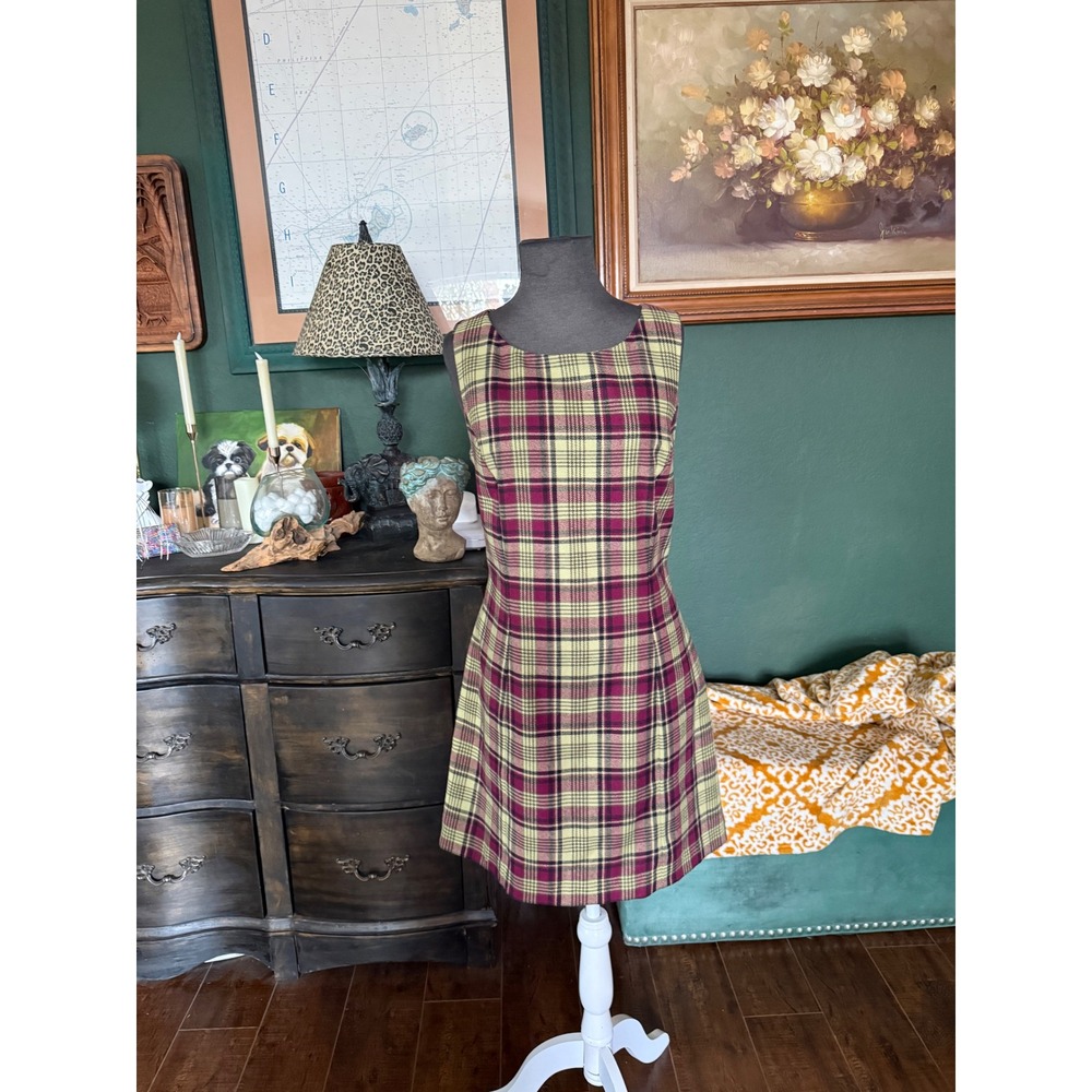 The Limited Womens Plaid Wool Blend Sleeveless Shift Dress Burgundy Green